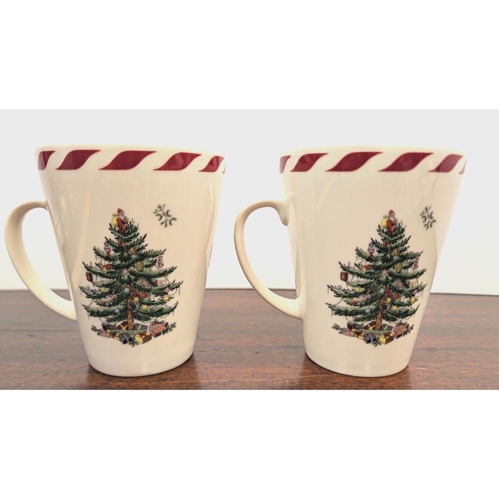 Spode Christmas Tree Mugs Set of 2 Candy Cane Red Stripe Holiday Coffee Tea Cups